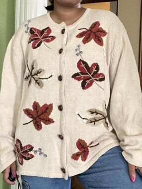 Vintage Earthy Autumn Fall Leaves cream knit Granny cardigan